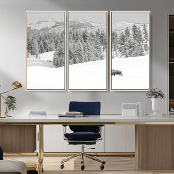 68081143-MGV-FC-48X32-3P_Natural-Snowy Bison Wall Art Canvas Print, Framed Winter Forest Art Picture Print, Lone Bison Perfect Monochrome Winter Wild Decor Artwork