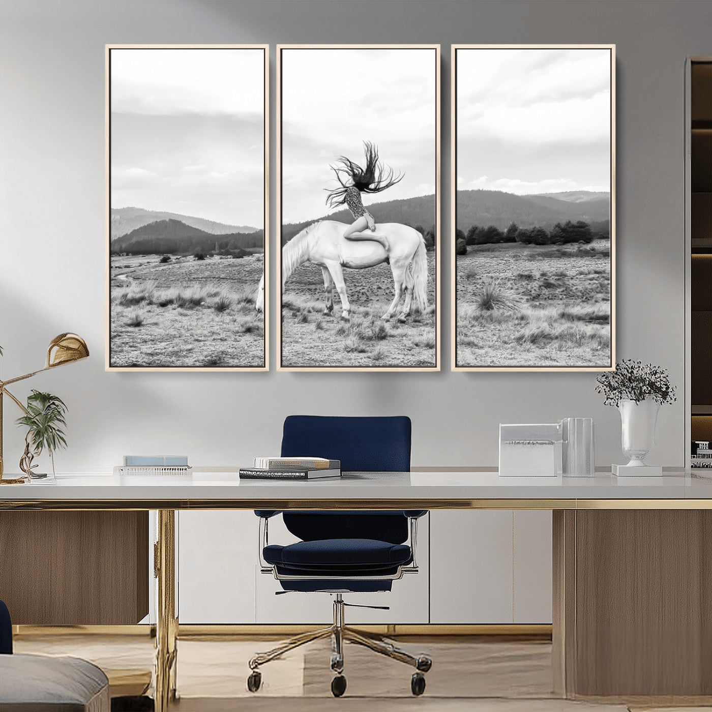 62789800-MGV-FC-48X32-3P_Natural-White Horse Wall Art Canvas Print, Framed Woman Rider Art Picture Print, Equestrian Pose Perfect Western Boho Decor Artwork