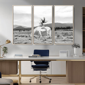 62789800-MGV-FC-48X32-3P_Natural-White Horse Wall Art Canvas Print, Framed Woman Rider Art Picture Print, Equestrian Pose Perfect Western Boho Decor Artwork