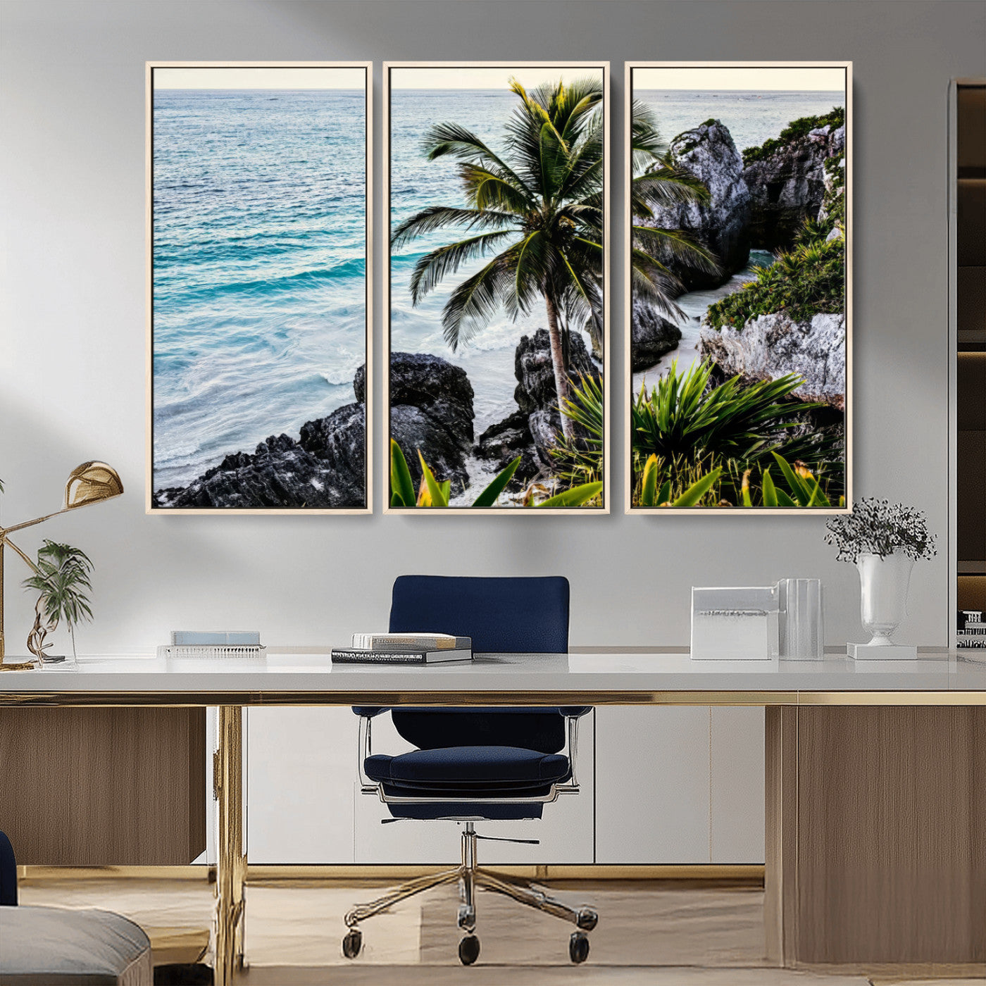 94669907-MGV-CV-36X24-Tropical Coastline Wall Art Canvas Print, Framed Palm Tree Art Picture Print, Rocky Beach Perfect Tropical Coastal Decor Artwork