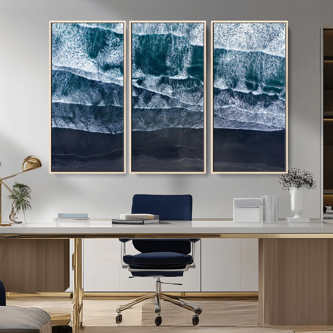 87941475-MGV-CV-36X24-Black Beach Wall Art Canvas Print, Framed Aerial Ocean Art Picture Print, Moody Coastal Perfect Modern Coastal Decor Artwork