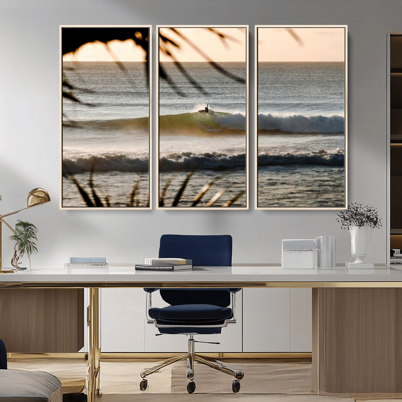 24896468-MGV-CV-36X24-Sunset Surf Wall Art Canvas Print, Framed Golden Waves Art Picture Print, Tropical Ocean Perfect Tropical Boho Decor Artwork