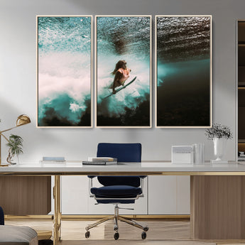 85923512-MGV-CV-36X24-Aquatic Motion Wall Art Canvas Print, Framed Underwater Swimming Art Picture Print, Female Surfer Diving Perfect Coastal Boho