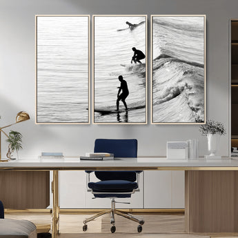 19875284-MGV-CV-36X24-Surfer Waves Wall Art Canvas Print, Framed Black White Surf Art Picture Print, Monochrome Ocean Perfect Modern Coastal Decor