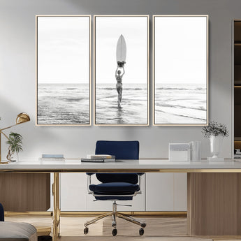 98446901-MGV-CV-36X24-Monochrome Surf Wall Art Canvas Print, Framed Minimalist Surfer Art Picture Print, Surfboard Silhouette Perfect Coastal Minimalist