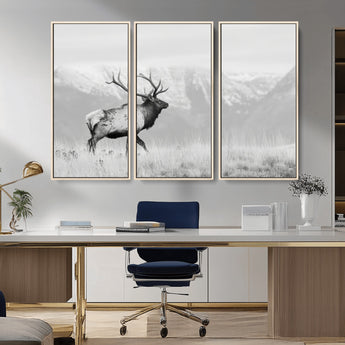62278753-MGV-CV-36X24-Monochrome Elk Wall Art Canvas Print, Framed Mountain Wildlife Art Picture Print, Rustic Nature Perfect Rustic Minimalist Decor