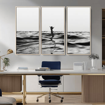 69541918-MGV-CV-36X24-Black White Ocean Wall Art Canvas Print, Framed Moody Seascape Art Picture Print, Surfer Sign Perfect Moody Minimalist Decor