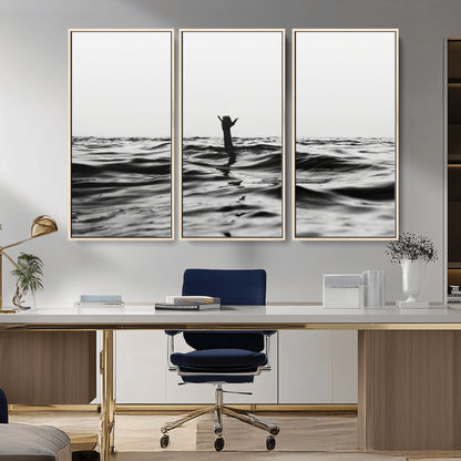 69541918-MGV-CV-36X24-Black White Ocean Wall Art Canvas Print, Framed Moody Seascape Art Picture Print, Surfer Sign Perfect Moody Minimalist Decor