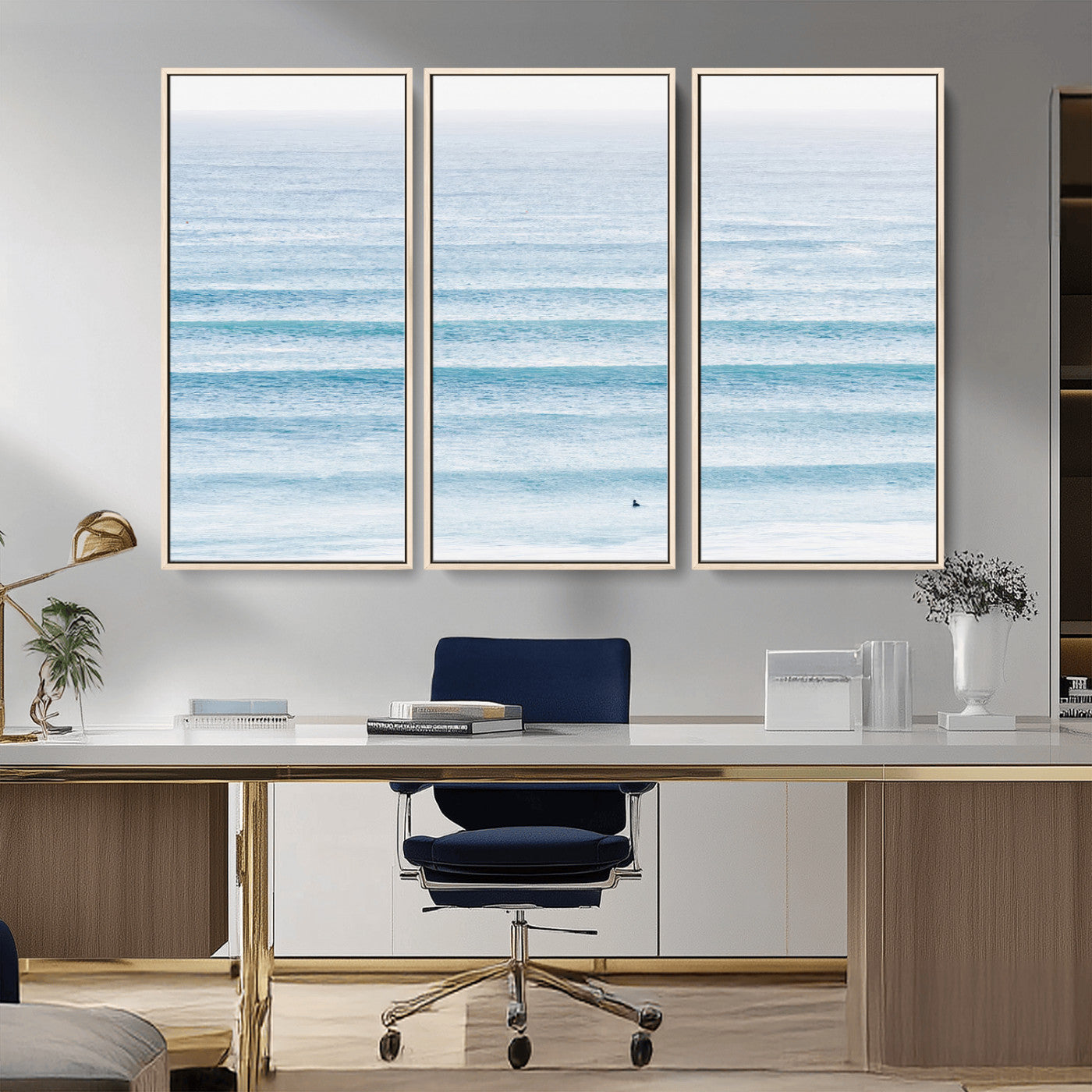 77145995-MGV-CV-36X24-Ocean Simplicity Wall Art Canvas Print, Framed Surfer on Water Art Picture Print, Light Blue Perfect Coastal Minimalist Decor