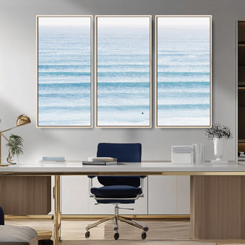 77145995-MGV-CV-36X24-Ocean Simplicity Wall Art Canvas Print, Framed Surfer on Water Art Picture Print, Light Blue Perfect Coastal Minimalist Decor