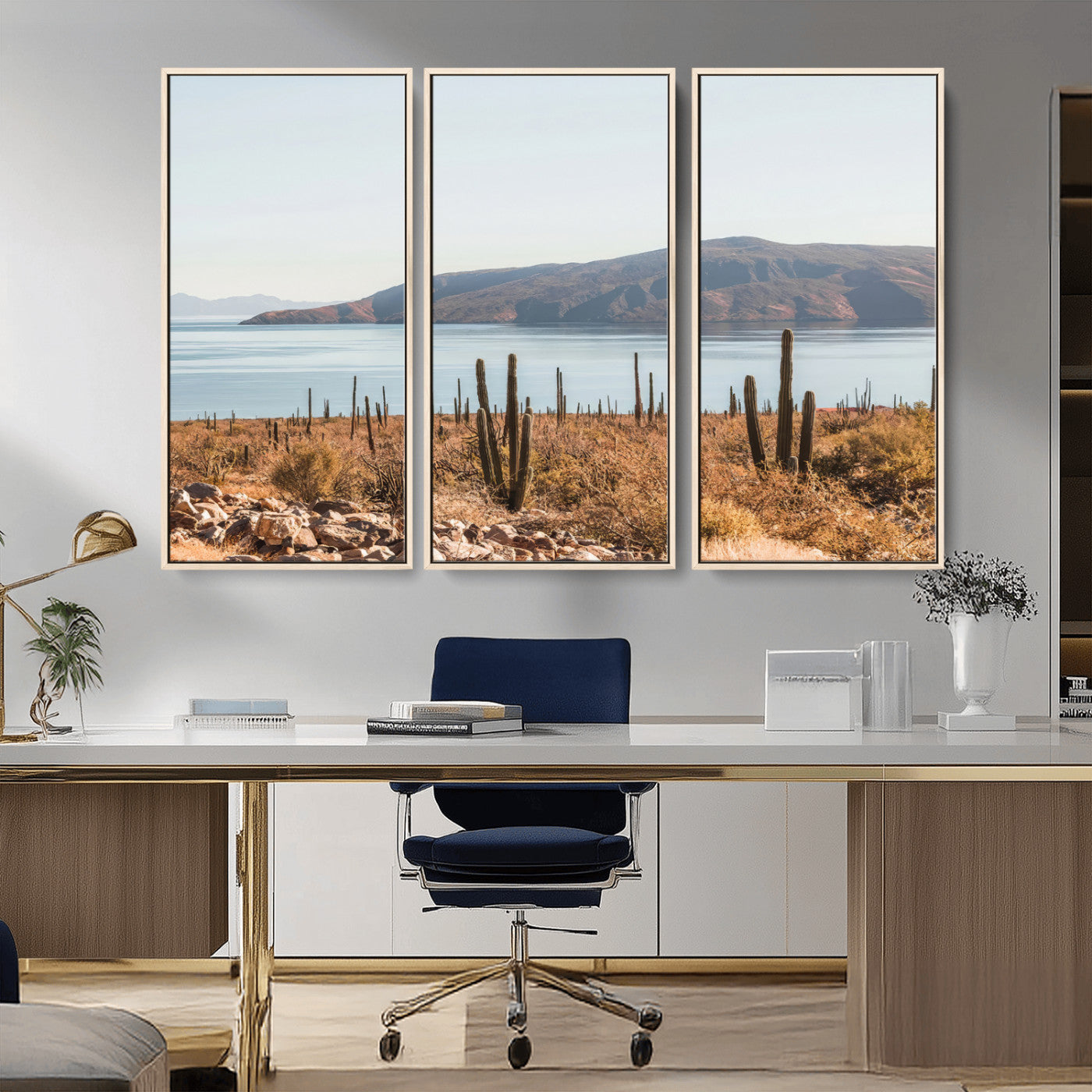 45193515-MGV-FC-48X32-3P_Natural-Desert Cactus Wall Art Canvas Print, Framed Baja Coastline Art Picture Print, Coastal Desert Perfect Southwestern Minimalist Decor