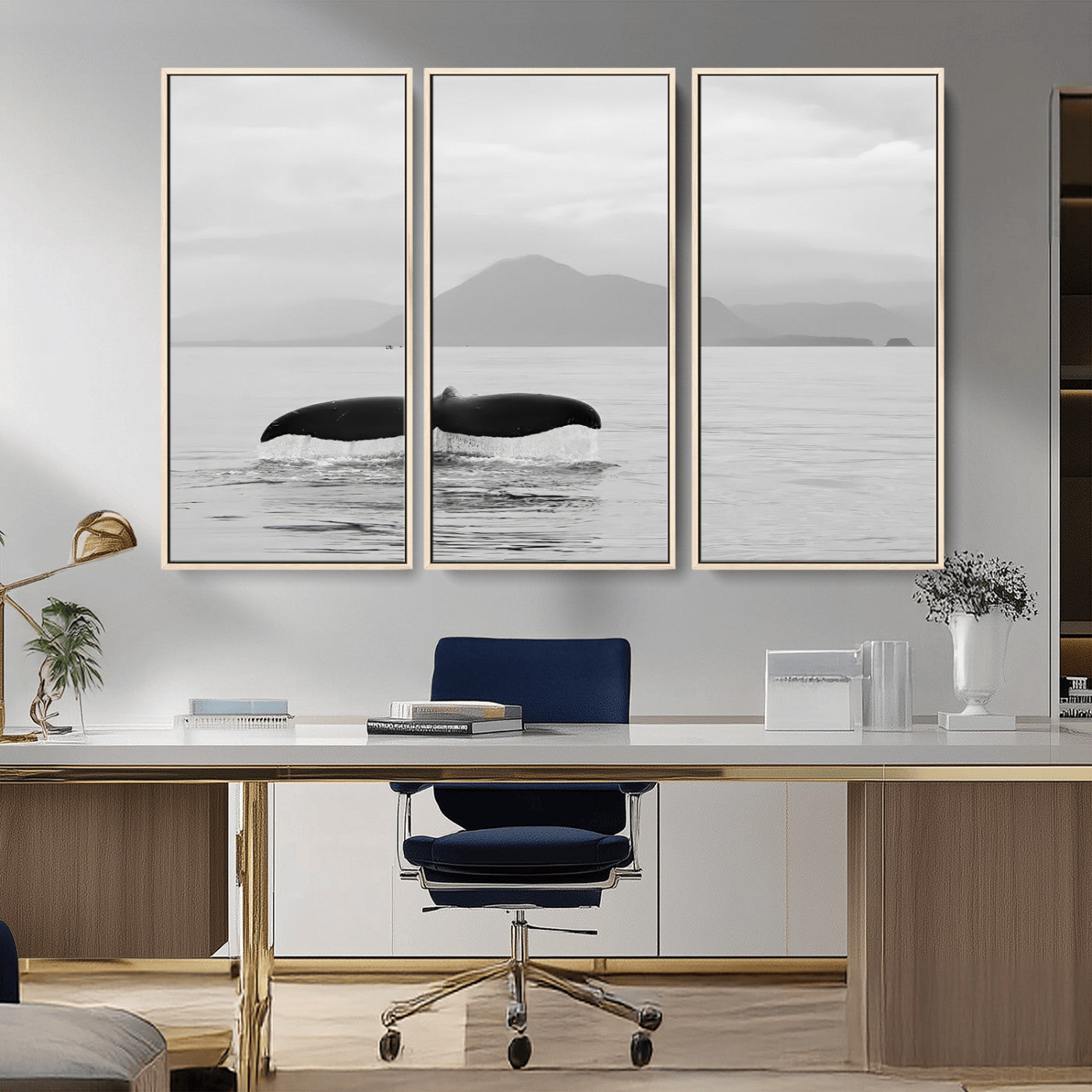 30524220-MGV-CV-36X24-Whale Tail Wall Art Canvas Print, Framed Black White Ocean Art Picture Print, Calm Marine Perfect Minimalist Coastal Decor Artwork