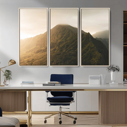 42338636-MGV-CV-36X24-Golden Mountain Wall Art Canvas Print, Framed Misty Summit Art Picture Print, Rugged Landscape Perfect Moody Wilderness Decor