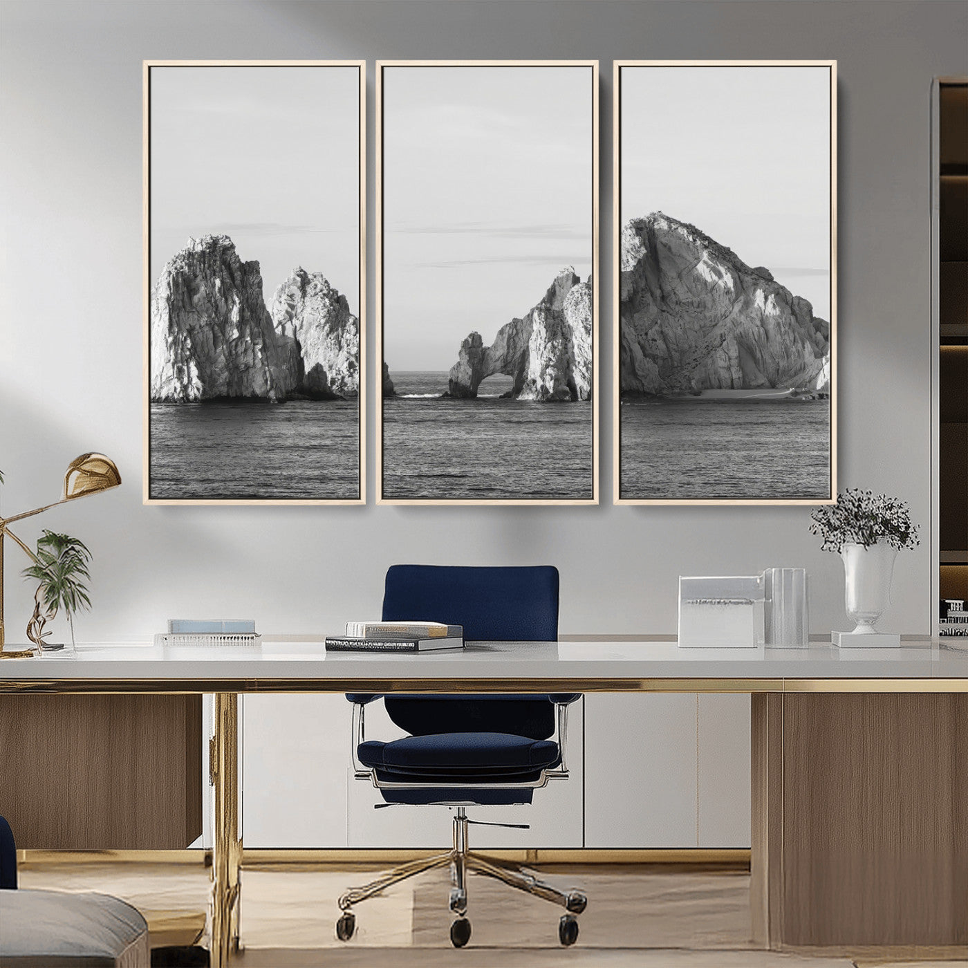18810731-MGV-CV-36X24-Rugged Coastline Wall Art Canvas Print, Framed Ocean Cliffs Art Picture Print, Monochrome Seascape Perfect Coastal Minimalist