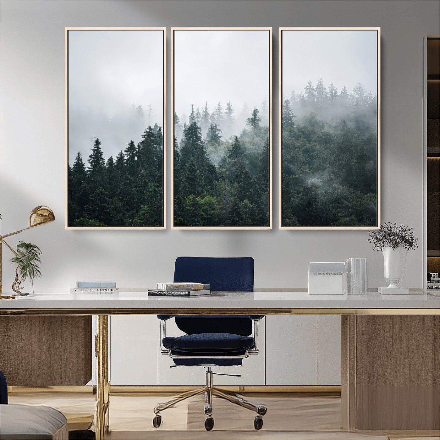 84146572-MGV-CV-36X24-Foggy Pine Trees Wall Art Canvas Print, Framed Forest Nature Art Picture Print, Evergreen Forest Perfect Scandinavian Minimalist