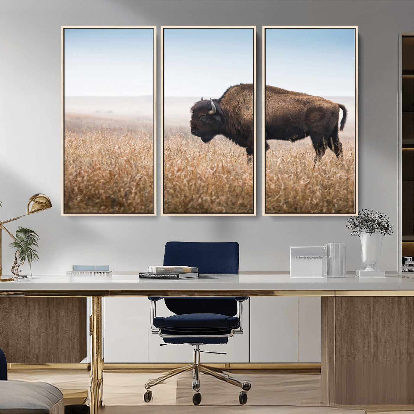 99620201-MGV-CV-36X24-Wild Bison Wall Art Canvas Print, Framed Bison in Prairie Art Picture Print, Rustic Western Perfect Rustic Western Decor Artwork