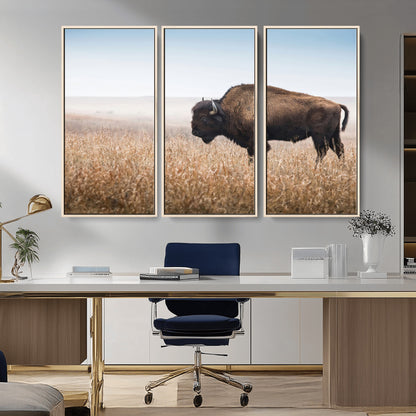99620201-MGV-CV-36X24-Wild Bison Wall Art Canvas Print, Framed Bison in Prairie Art Picture Print, Rustic Western Perfect Rustic Western Decor Artwork
