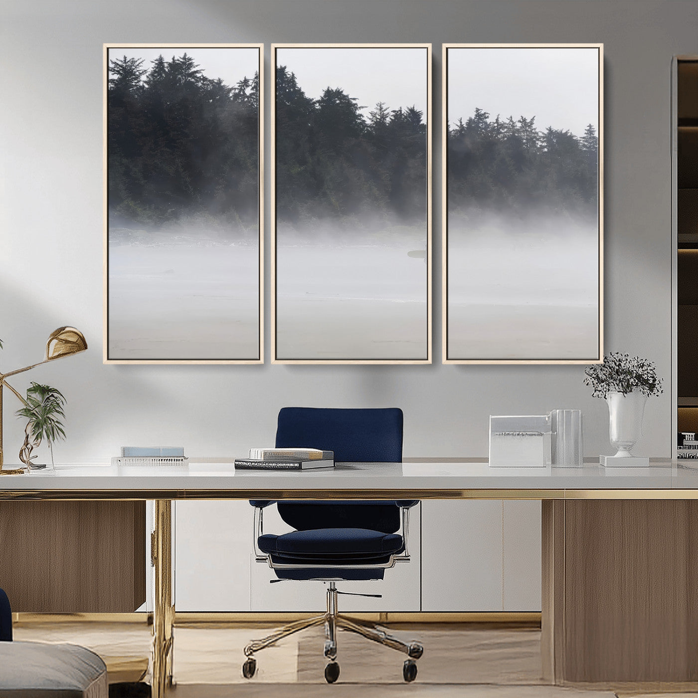 59703275-MGV-CV-36X24-Surfer in Fog Wall Art Canvas Print, Framed Foggy Beach Art Picture Print, Coastal Surf Perfect Moody Coastal Decor Artwork