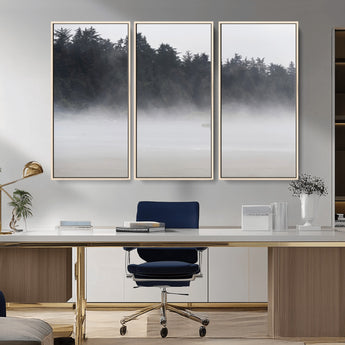 59703275-MGV-CV-36X24-Surfer in Fog Wall Art Canvas Print, Framed Foggy Beach Art Picture Print, Coastal Surf Perfect Moody Coastal Decor Artwork