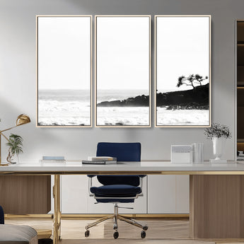 40875891-MGV-CV-36X24-SurferCliffs Wall Art Canvas Print, Framed Black White Beach Art Picture Print, Ocean Waves Perfect Minimalist Coastal Decor