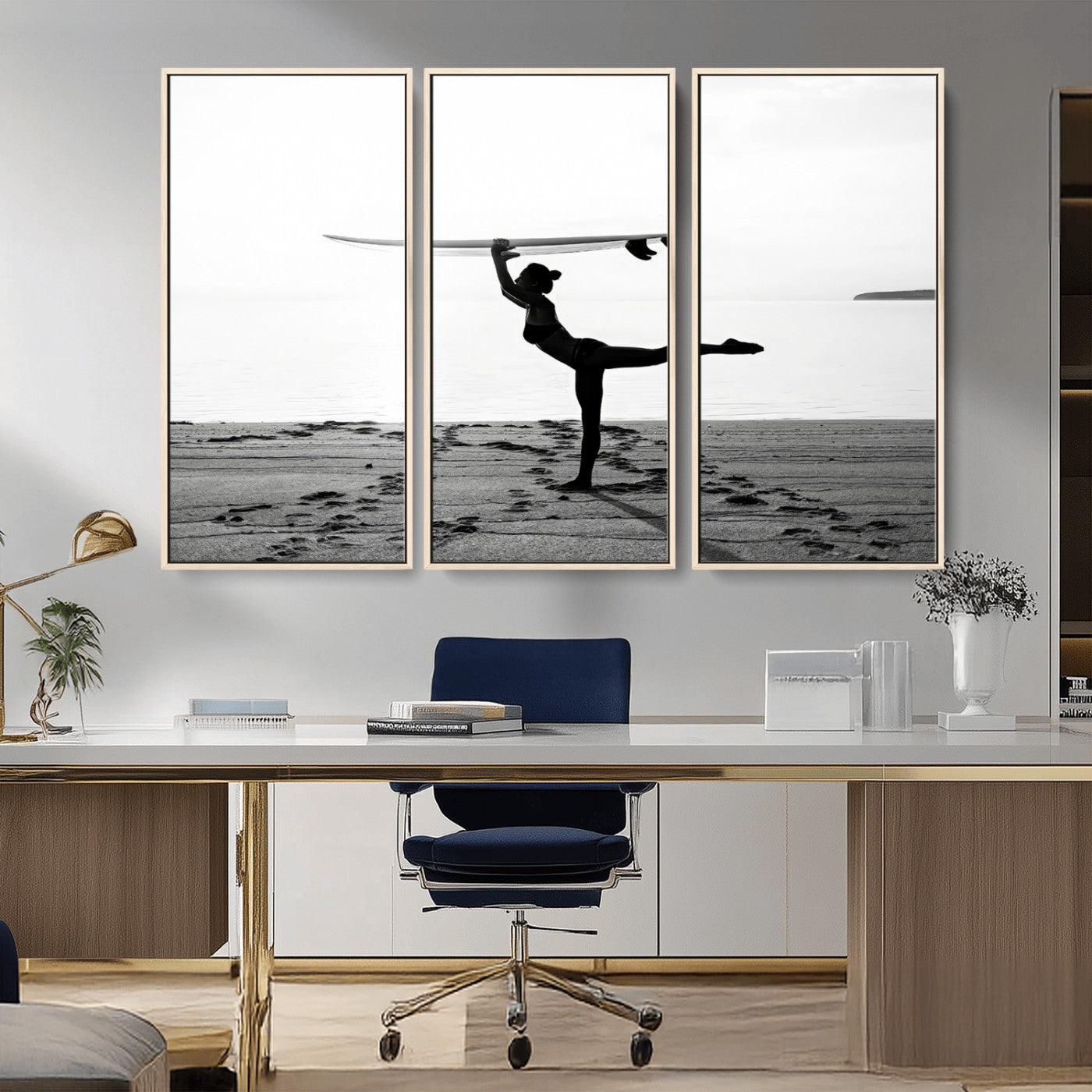 28441356-MGV-CV-36X24-Yoga Surf Wall Art Canvas Print, Framed Black White Shore Art Picture Print, Peaceful Ocean Perfect Minimalist Coastal Decor