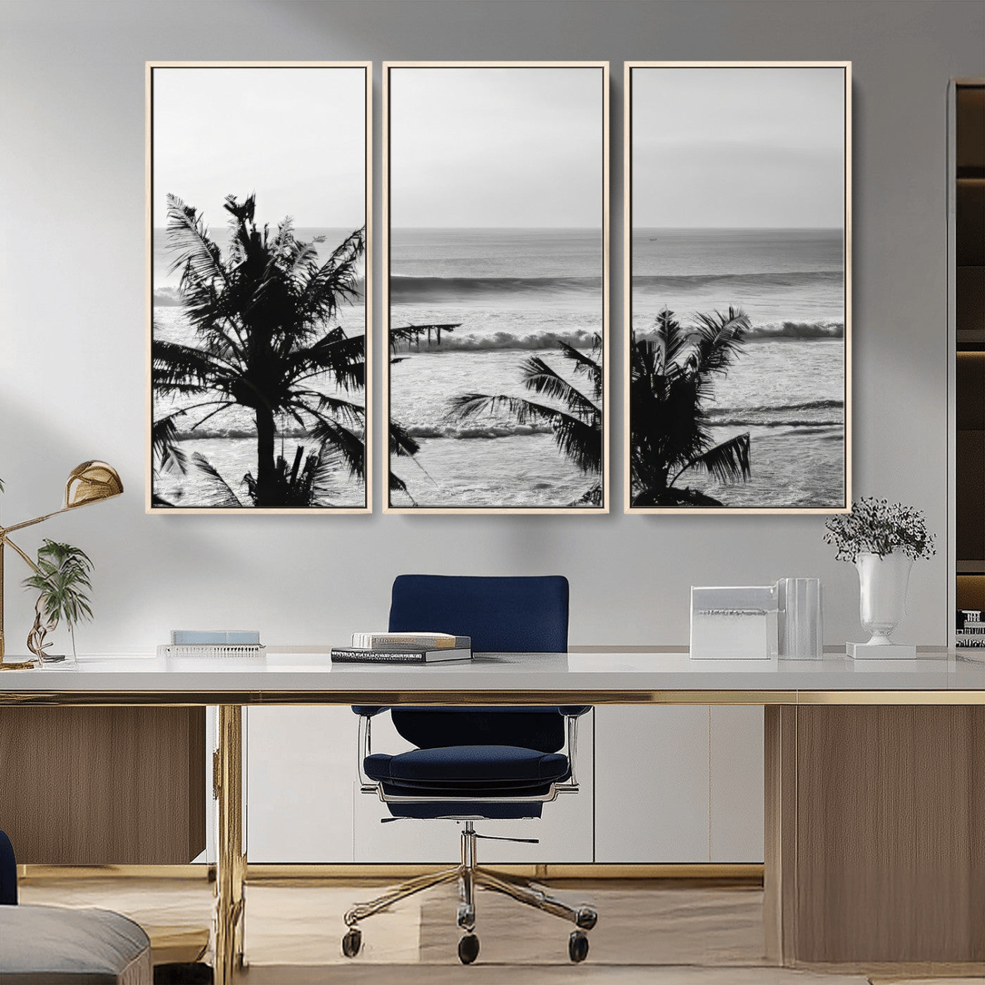 17508038-MGV-CV-36X24-Tropical Coastline Wall Art Canvas Print, Framed Palm Trees Art Picture Print, Ocean Waves Perfect Minimalist Coastal Decor