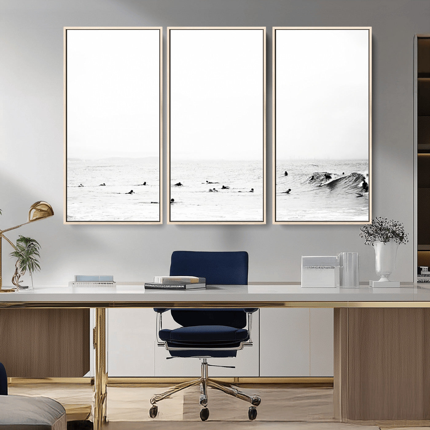 38441169-MGV-CV-36X24-Monochrome Swimming Wall Art Canvas Print, Framed Ocean Horizon Art Picture Print, Moody Coastal Perfect Minimalist Coastal Decor