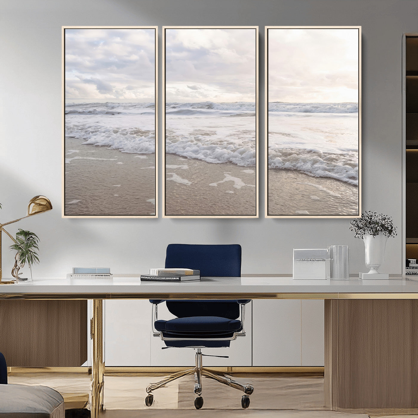 70596264-MGV-FC-48X32-3P_Natural-Ocean Waves Wall Art Canvas Print, Framed Coastal Shoreline Art Picture Print, Sea Foam Perfect Coastal Minimalist Decor Artwork