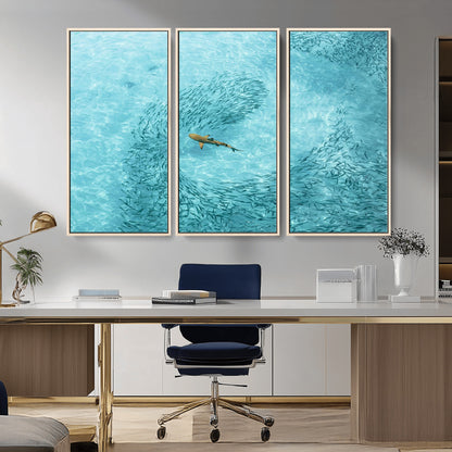 43671474-MGV-CV-36X24-Fish Swarm Wall Art Canvas Print, Framed Marine Life Art Picture Print, Shark Aerial Perfect Wildlife Coastal Decor Artwork