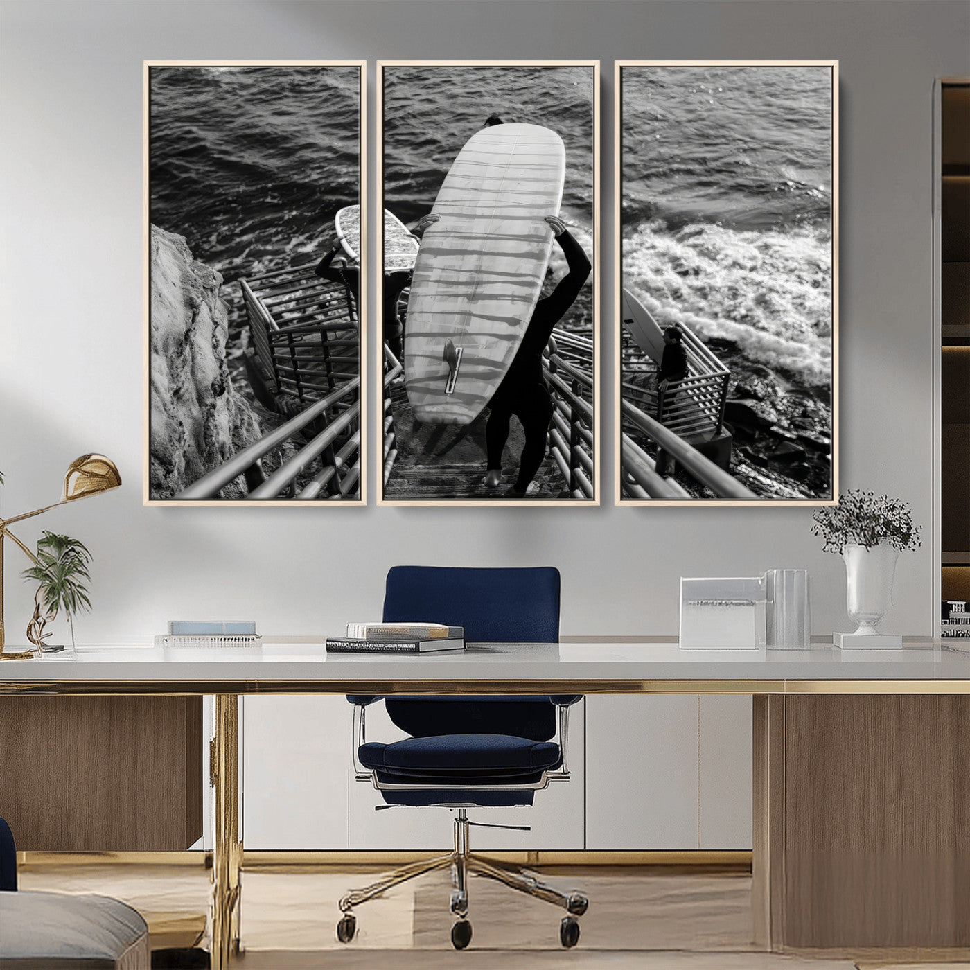 32353707-MGV-CV-36X24-Black White Surfing Wall Art Canvas Print, Framed Coastal Surfing Art Picture Print, Wave Riders Perfect Coastal Adventure Decor