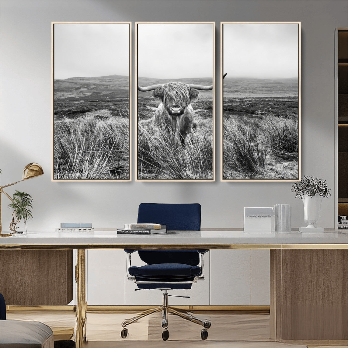 24051061-MGV-CV-36X24-Monochrome Highland Cow Wall Art Canvas Print, Framed Scottish Bull Art Picture Print, Lone Cattle Perfect Rustic Farmhouse Decor