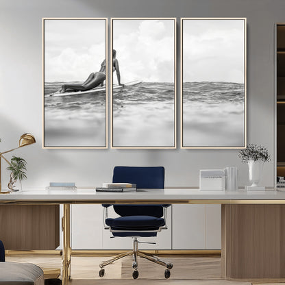 69798068-MGV-CV-36X24-Black White Surfing Wall Art Canvas Print, Framed Ocean Horizon Art Picture Print, Surfer Girl Perfect Coastal Adventure Decor