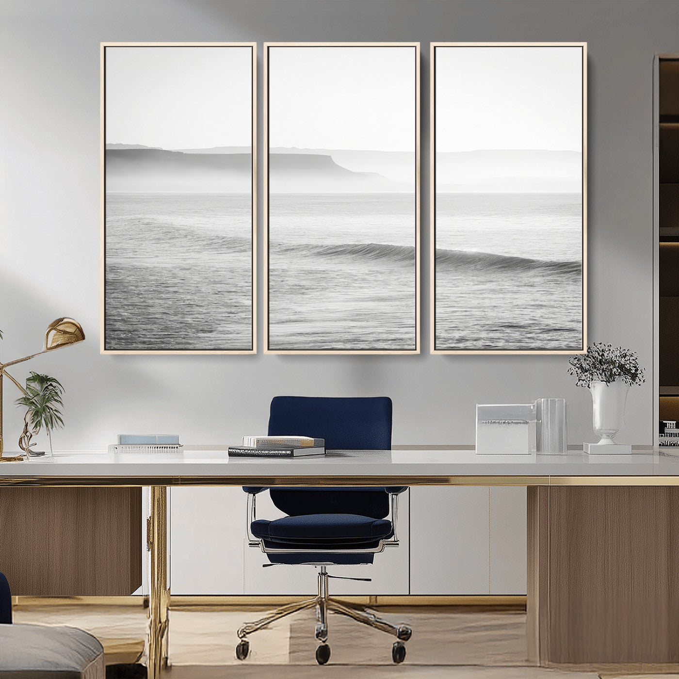 60635783-MGV-CV-36X24-Black White Seascape Wall Art Canvas Print, Framed Ocean Waves Art Picture Print, Misty Coastal Perfect Minimalist Coastal Decor