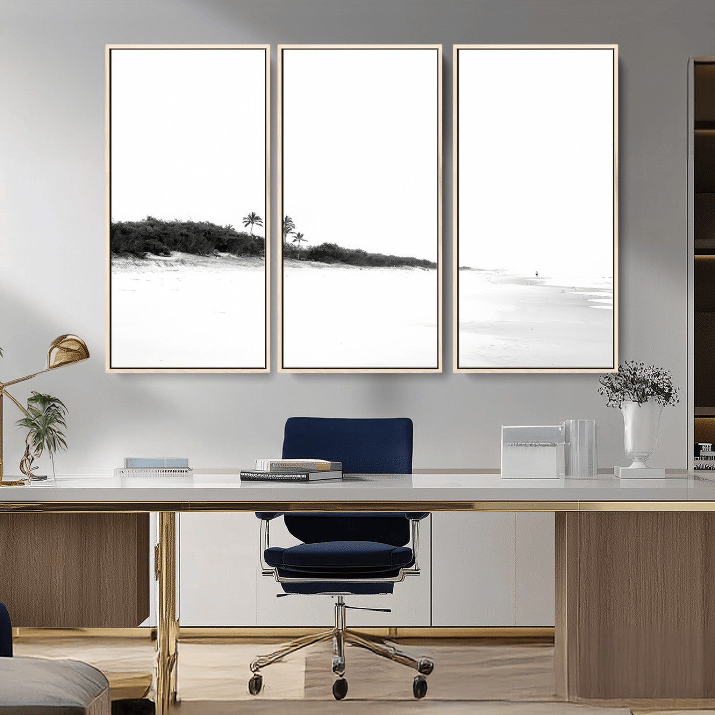 29611516-MGV-CV-36X24-Black White Beach Wall Art Canvas Print, Framed Palm Trees Art Picture Print, Monochrome Tropical Perfect Minimalist Coastal Decor