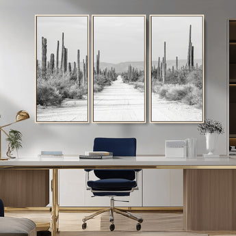35537313-MGV-CV-36X24-Monochrome Desert Wall Art Canvas Print, Framed Cactus Path Art Picture Print, Southwestern Landscape Perfect Southwestern