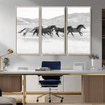 69934913-MGV-CV-36X24-Wild Horses Running Wall Art Canvas Print, Framed Black White Mustangs Art Picture Print, Rustic Western Perfect Rustic Western