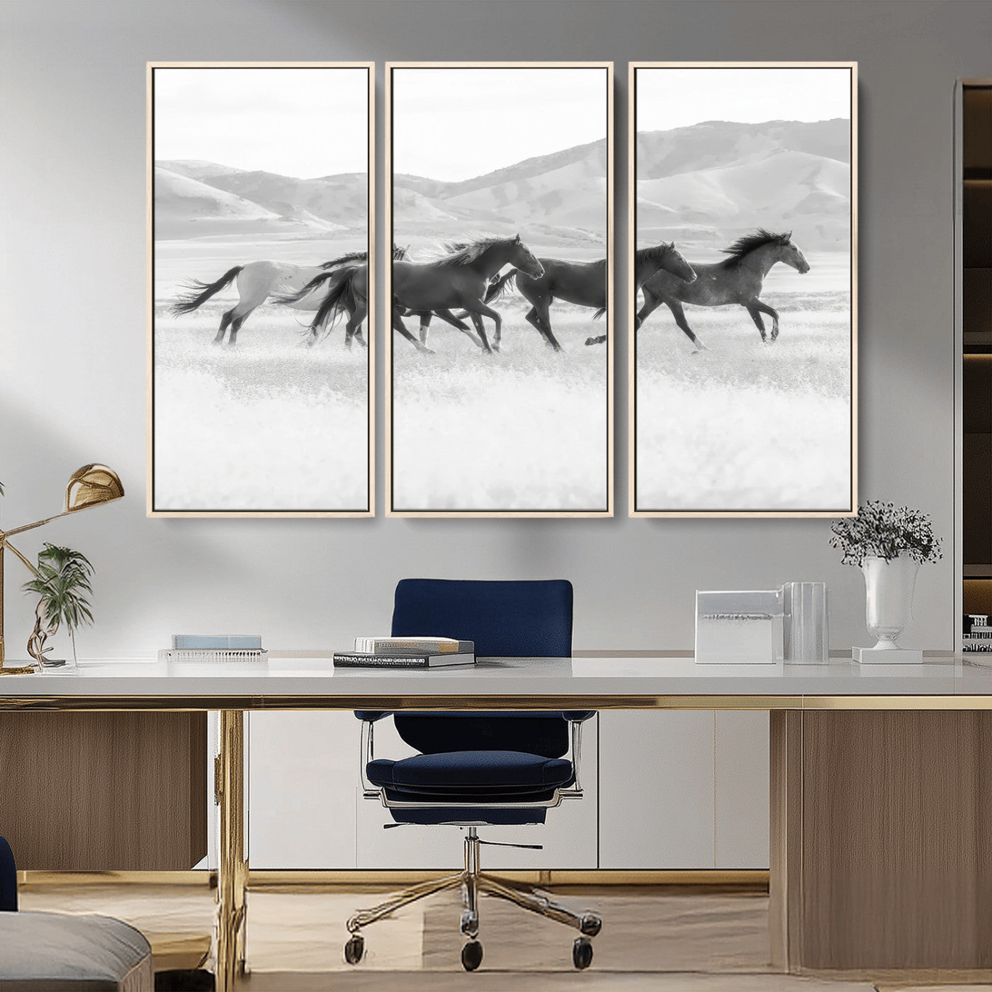 69934913-MGV-CV-36X24-Wild Horses Running Wall Art Canvas Print, Framed Black White Mustangs Art Picture Print, Rustic Western Perfect Rustic Western