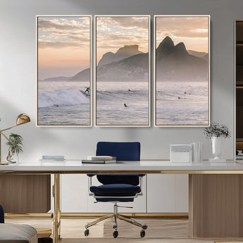 70644906-MGV-CV-36X24-Sunset Surfing Wall Art Canvas Print, Framed Misty Mountains Art Picture Print, Surfer Riding Wave Perfect Coastal Adventure Decor