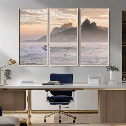 70644906-MGV-CV-36X24-Sunset Surfing Wall Art Canvas Print, Framed Misty Mountains Art Picture Print, Surfer Riding Wave Perfect Coastal Adventure Decor