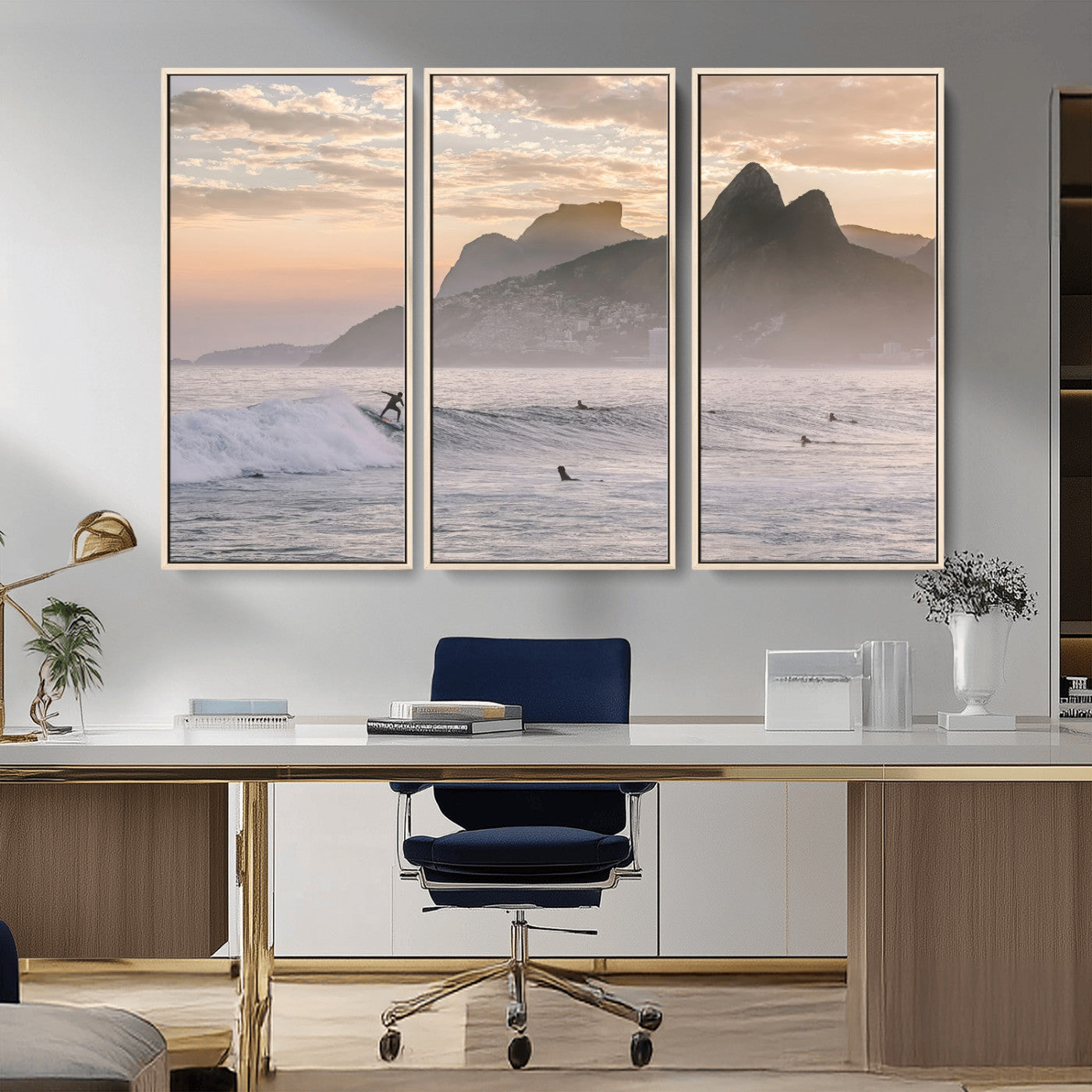 70644906-MGV-CV-36X24-Sunset Surfing Wall Art Canvas Print, Framed Misty Mountains Art Picture Print, Surfer Riding Wave Perfect Coastal Adventure Decor