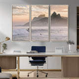 70644906-MGV-CV-36X24-Sunset Surfing Wall Art Canvas Print, Framed Misty Mountains Art Picture Print, Surfer Riding Wave Perfect Coastal Adventure Decor