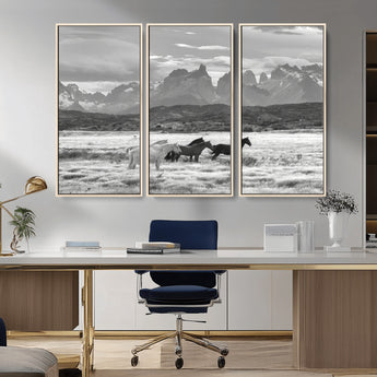 21655040-MGV-CV-36X24-Wild Horses Wall Art Canvas Print, Framed Black White Mountains Art Picture Print, Rustic Countryside Perfect Rustic Western Decor