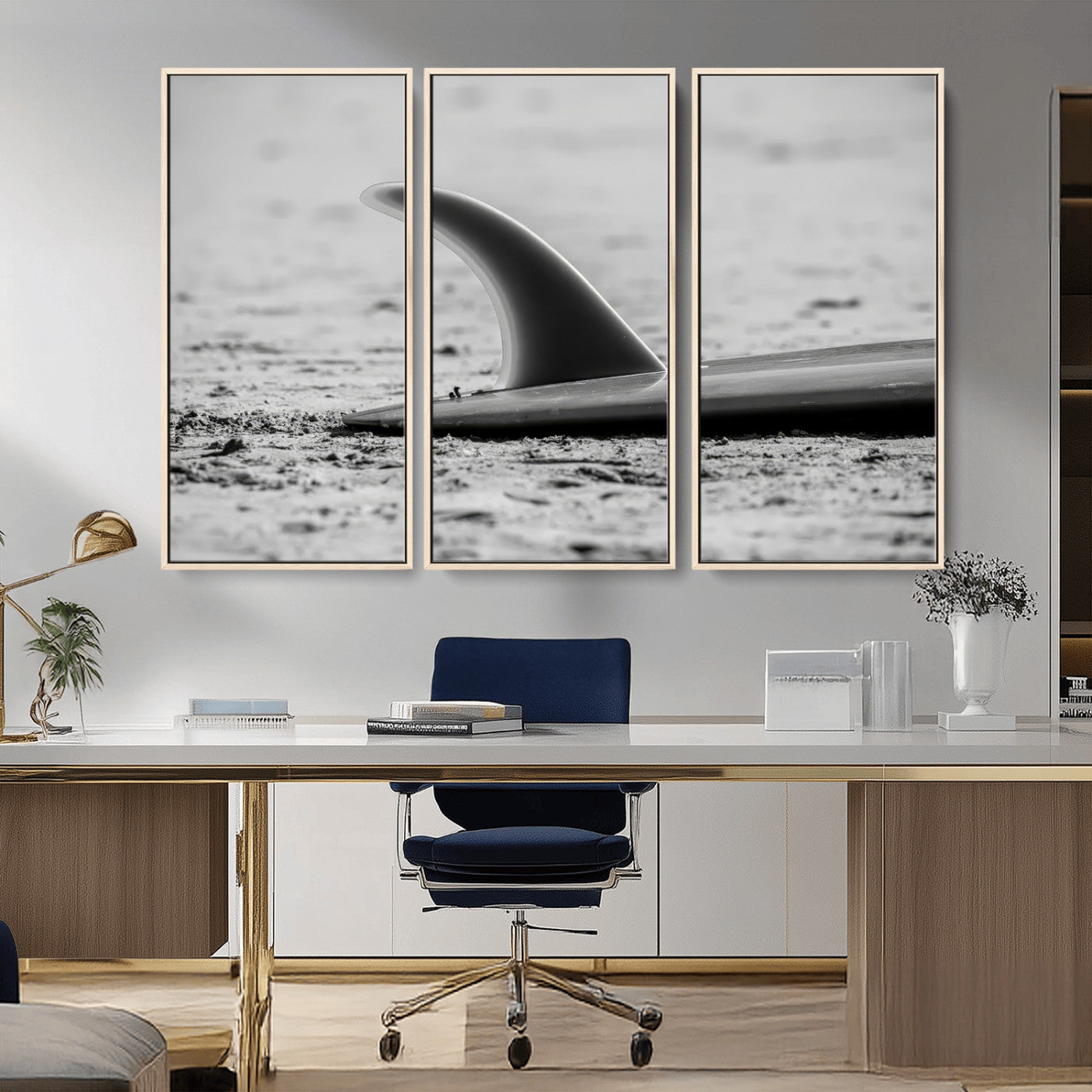 62314230-MGV-CV-36X24-Black White Surfboard Wall Art Canvas Print, Framed Minimalist Beach Art Picture Print, Surf Fin Perfect Minimalist Coastal Decor