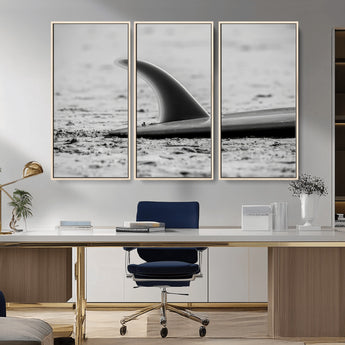 62314230-MGV-CV-36X24-Black White Surfboard Wall Art Canvas Print, Framed Minimalist Beach Art Picture Print, Surf Fin Perfect Minimalist Coastal Decor