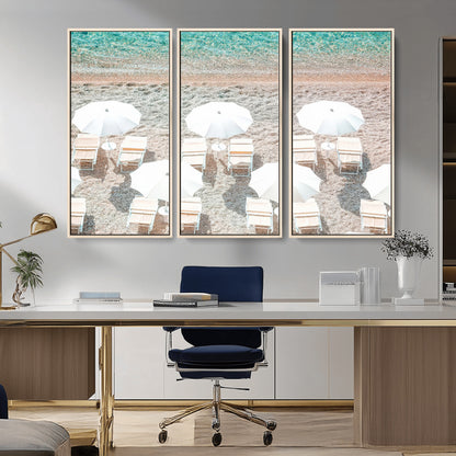 83736167-MGV-CV-36X24-Calm Beach Wall Art Canvas Print, Framed Turquoise Water Art Picture Print, Umbrella Shoreline Perfect Coastal Minimalist Decor