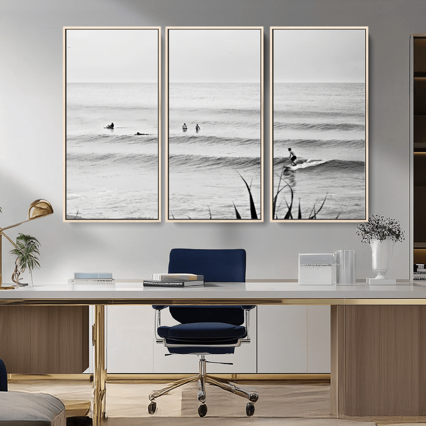 33821421-MGV-CV-36X24-Surfer Silhouette Wall Art Canvas Print, Framed Calm Ocean Art Picture Print, Monochrome Surf Perfect Minimalist Coastal Decor