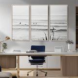 33821421-MGV-CV-36X24-Surfer Silhouette Wall Art Canvas Print, Framed Calm Ocean Art Picture Print, Monochrome Surf Perfect Minimalist Coastal Decor