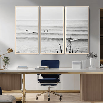 33821421-MGV-CV-36X24-Surfer Silhouette Wall Art Canvas Print, Framed Calm Ocean Art Picture Print, Monochrome Surf Perfect Minimalist Coastal Decor