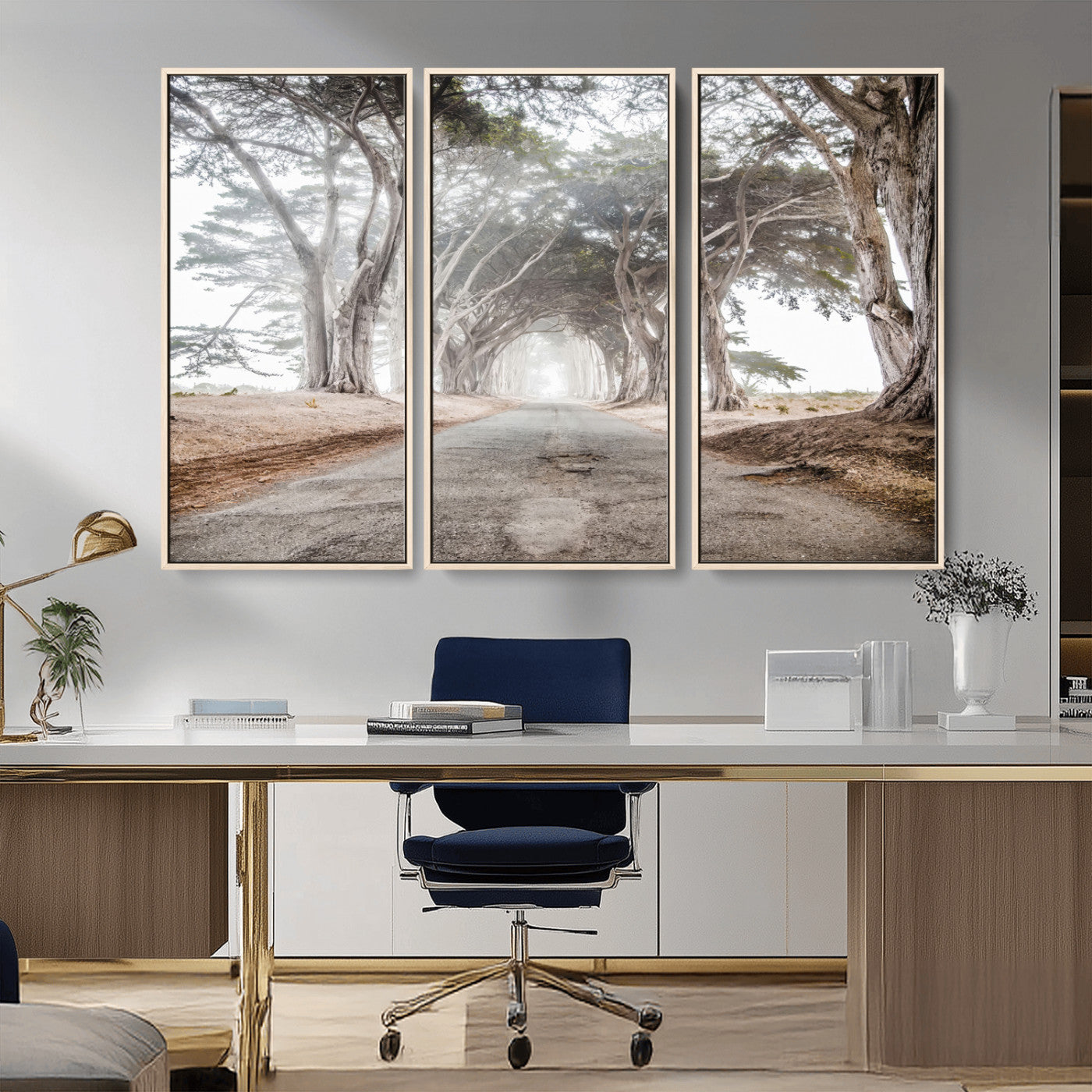 87090469-MGV-CV-36X24-Cypress Tunnel Wall Art Canvas Print, Framed Misty Road Art Picture Print, Foggy Trees Perfect Rustic Woodland Decor Artwork
