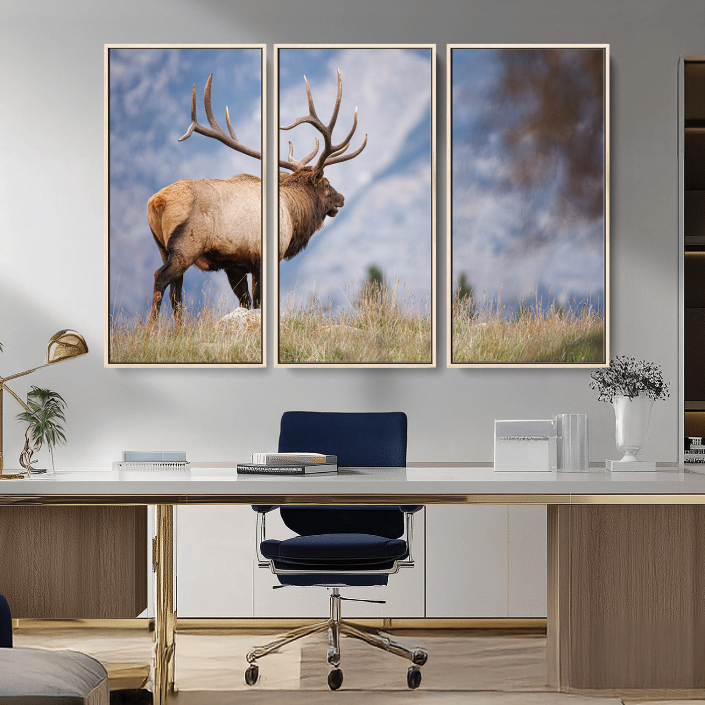 26365841-MGV-FC-48X32-3P_Natural-Mountain Elk Art Wall Art Canvas Print, Framed Rustic Wildlife Print Art Picture Print, Lodge Style Decor Perfect Rustic Lodge